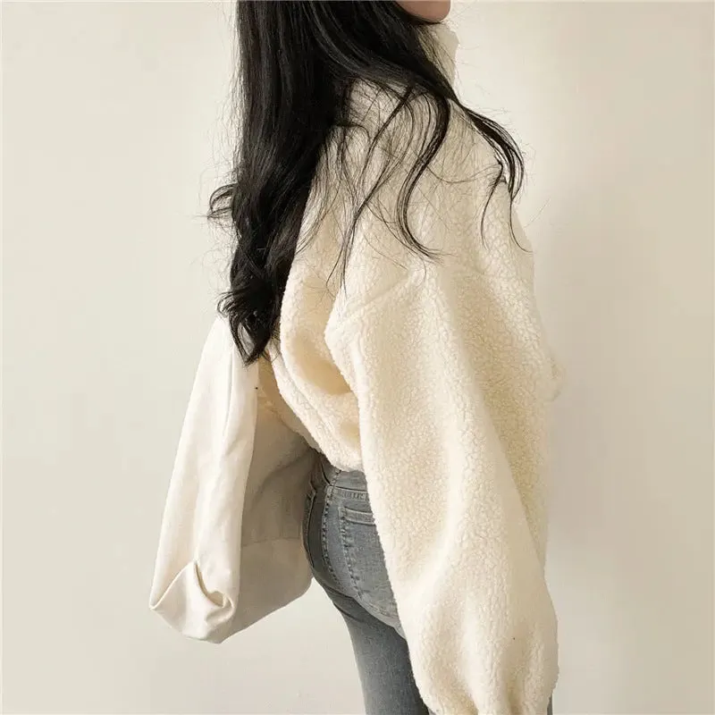 Stand-up Collar Thermal Faux Lamb Fur Sweater