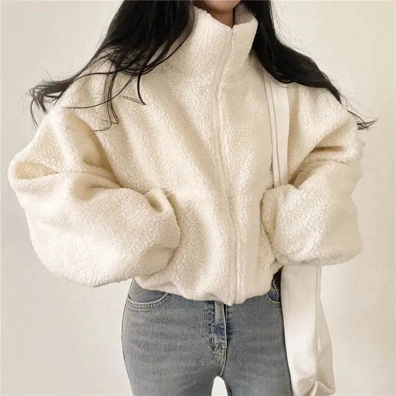 Stand-up Collar Thermal Faux Lamb Fur Sweater