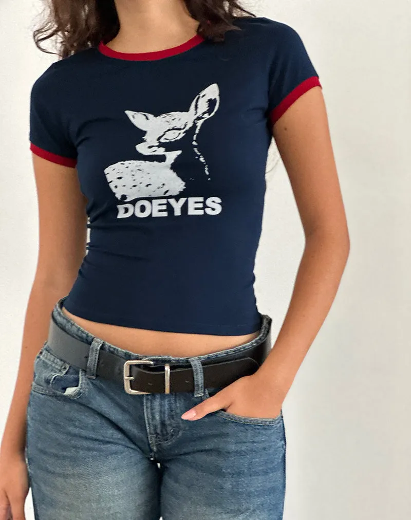 Sutin Tee in Navy with Red Binding and Doeyes Graphic