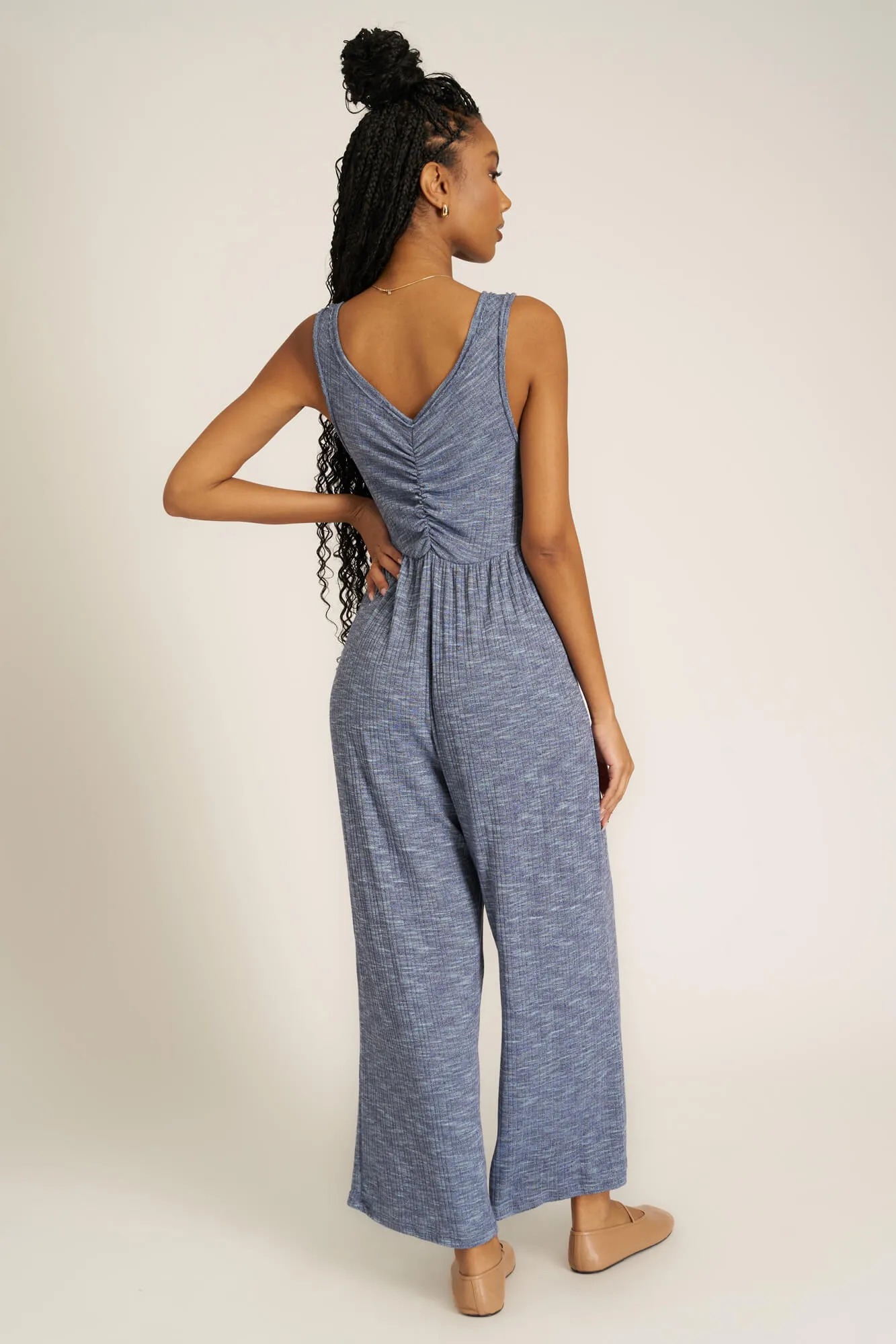 Sweetest Thing Heathered Ruched Jumpsuit - Rich Indigo