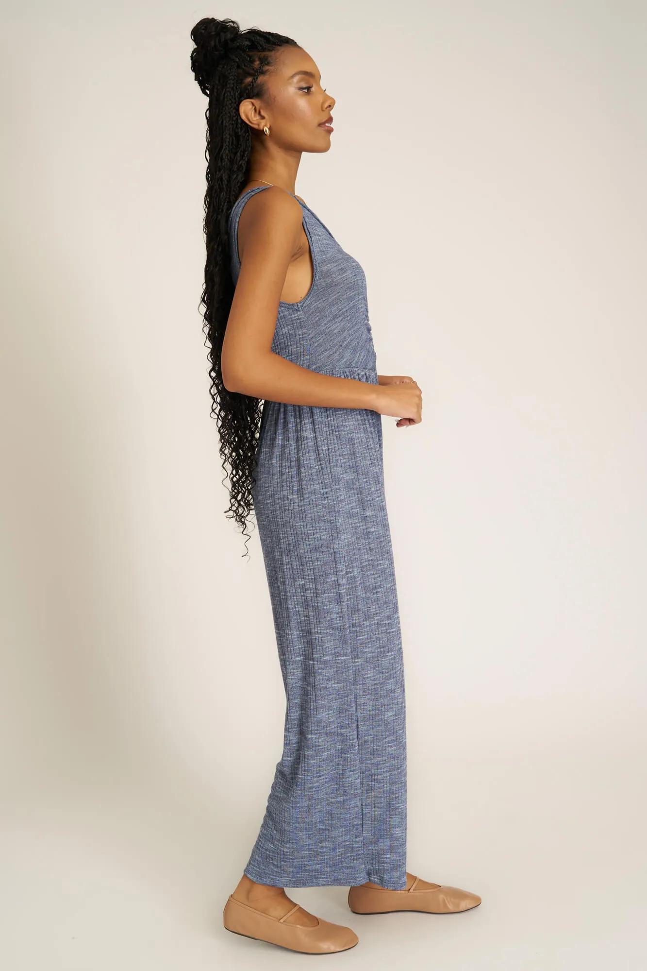 Sweetest Thing Heathered Ruched Jumpsuit - Rich Indigo