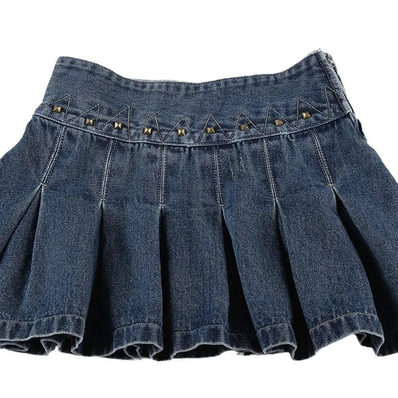 TAVIMART  -  American Style Low Waist Retro Denim Short Skirt Women's Summer 2024 New Washed Rivet Street A- line Pleated Skirt