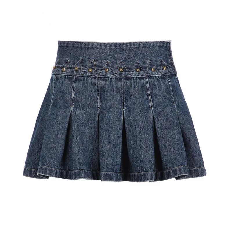 TAVIMART  -  American Style Low Waist Retro Denim Short Skirt Women's Summer 2024 New Washed Rivet Street A- line Pleated Skirt