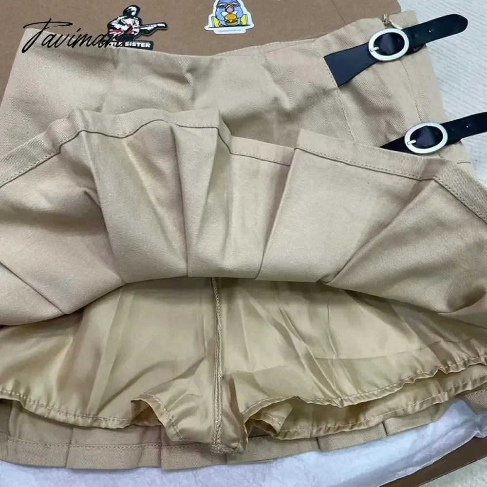 TAVIMART -  Vintage Khaki Buckle Pleated Skirt Women Summer Sexy Low Waist Aesthetic Fashion Faldas Female Streetwear Y2k Cotton Mini Skirts