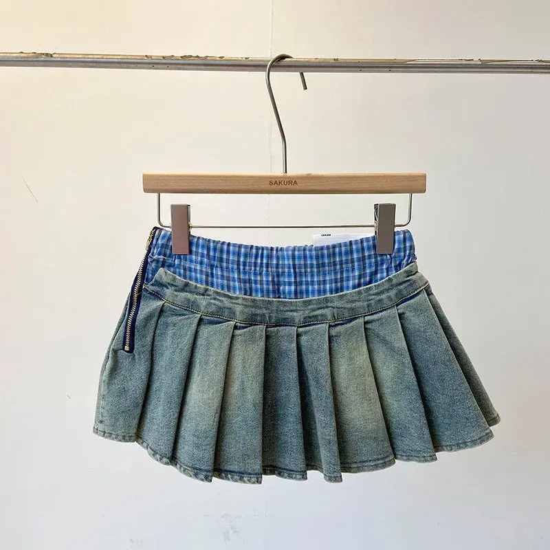 TAVIMART  -  Vintage Pleated Denim Skirt Women Y2k Streetwear Low Waist Plaid Patchwork Sexy Korean Vintage Jeans Skirt 2024 Autumn