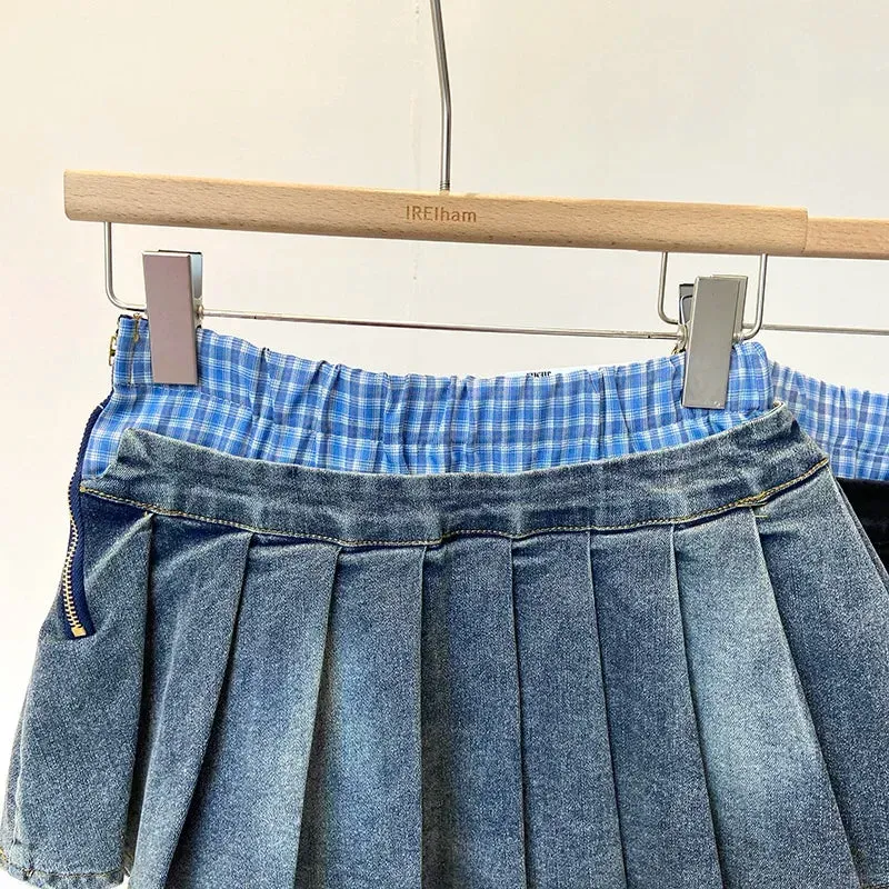 TAVIMART  -  Vintage Pleated Denim Skirt Women Y2k Streetwear Low Waist Plaid Patchwork Sexy Korean Vintage Jeans Skirt 2024 Autumn