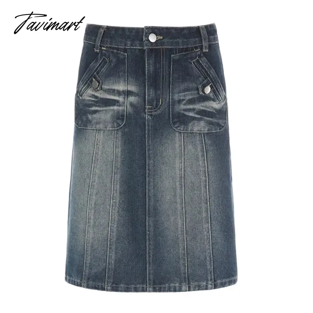 TAVIMART -  Woman All-match Midi Kawaii Skirt Tide Pleated Clubwear Skirt Gyaru A-line Denim Skirt Baggy Low Waist Front Slit Tie-dyed Wash