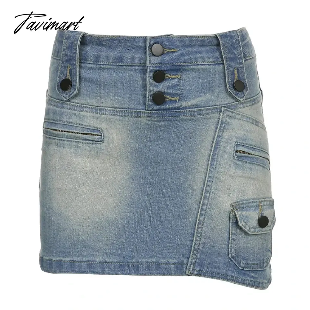 TAVIMART -  Woman Denim Skirt Low Waist Pleated Pockets Skirt Daily A-line Classical Skirt All-match Mini Hot Gyaru New Trend Coquette