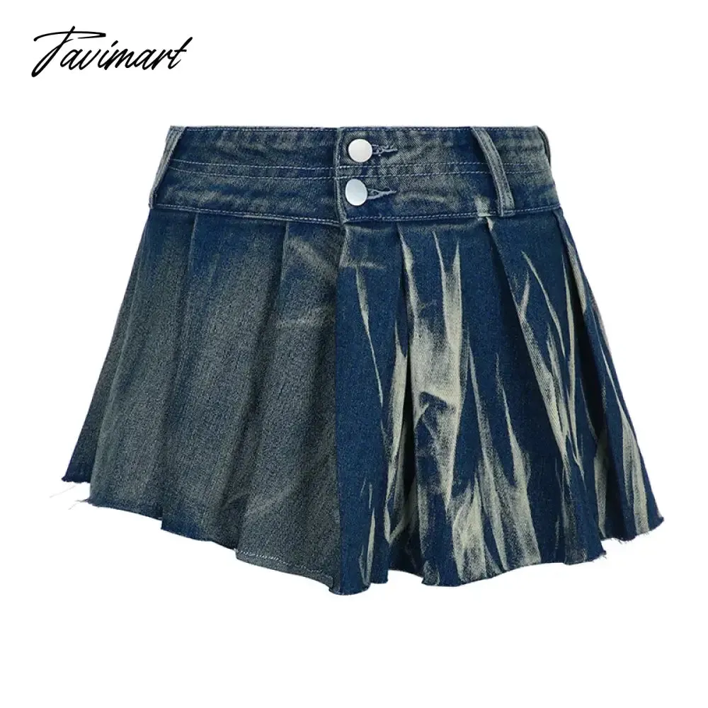 TAVIMART  -  Woman Denim Skirt Low Waist Pleated Tie-dyed Skirt A-line Wash Skirt Draped Mini Korean Preppy Style Kawaii All-match Y2k Ins