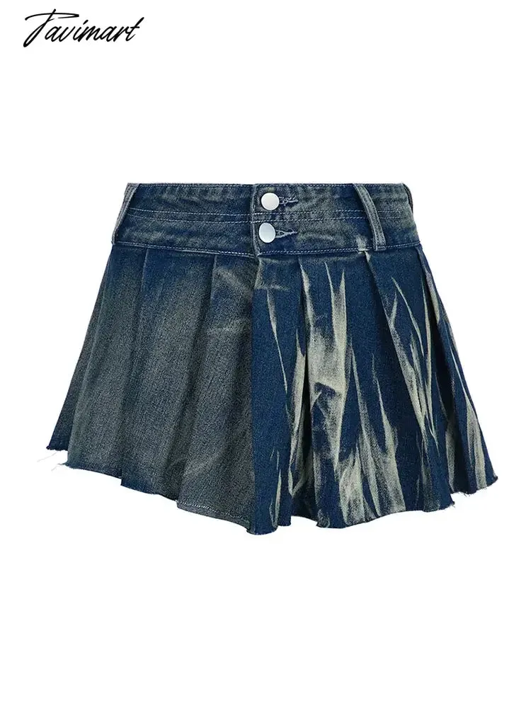 TAVIMART  -  Woman Denim Skirt Low Waist Pleated Tie-dyed Skirt A-line Wash Skirt Draped Mini Korean Preppy Style Kawaii All-match Y2k Ins