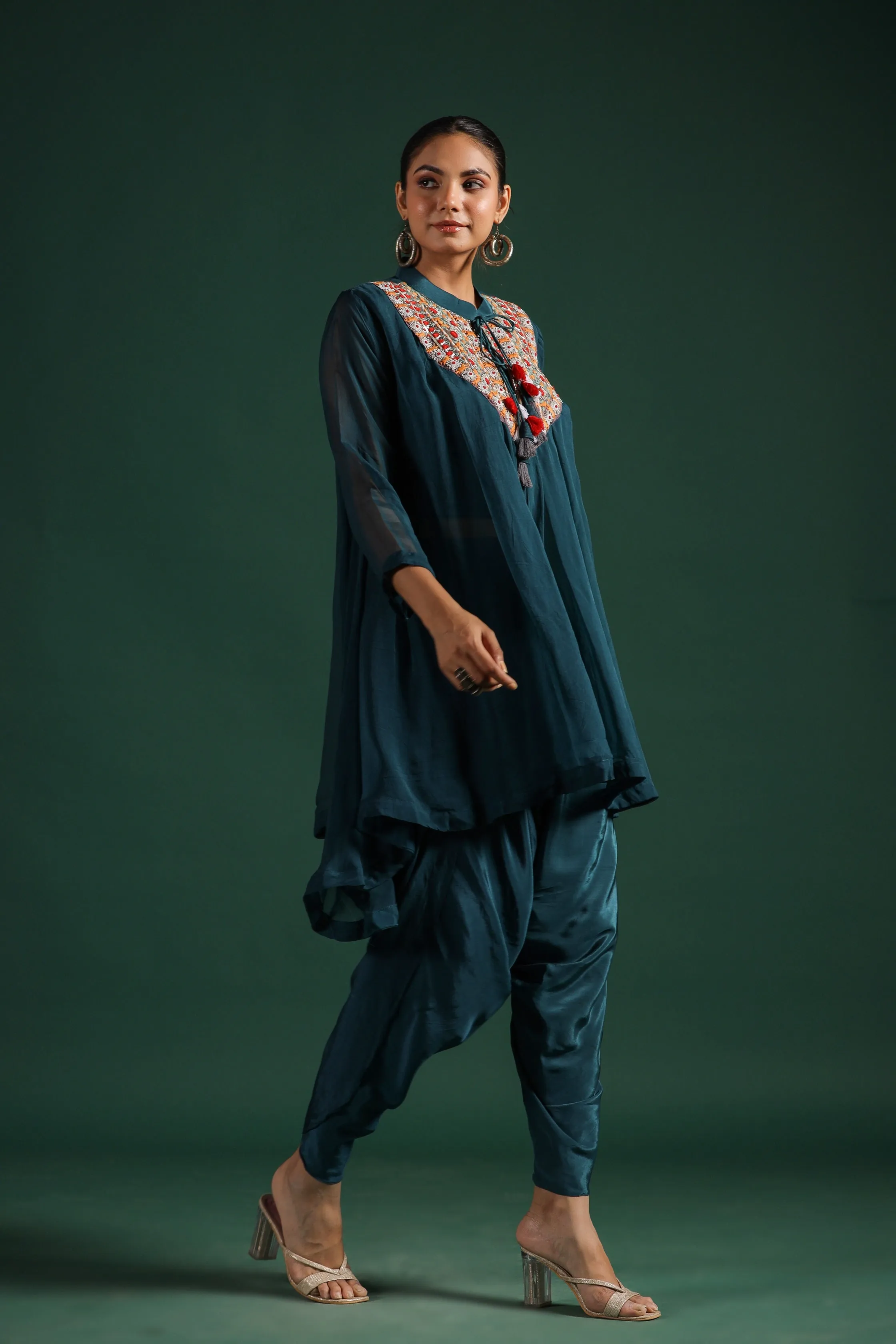 Teal Blue Embroidered Tunic With Dhoti Pants