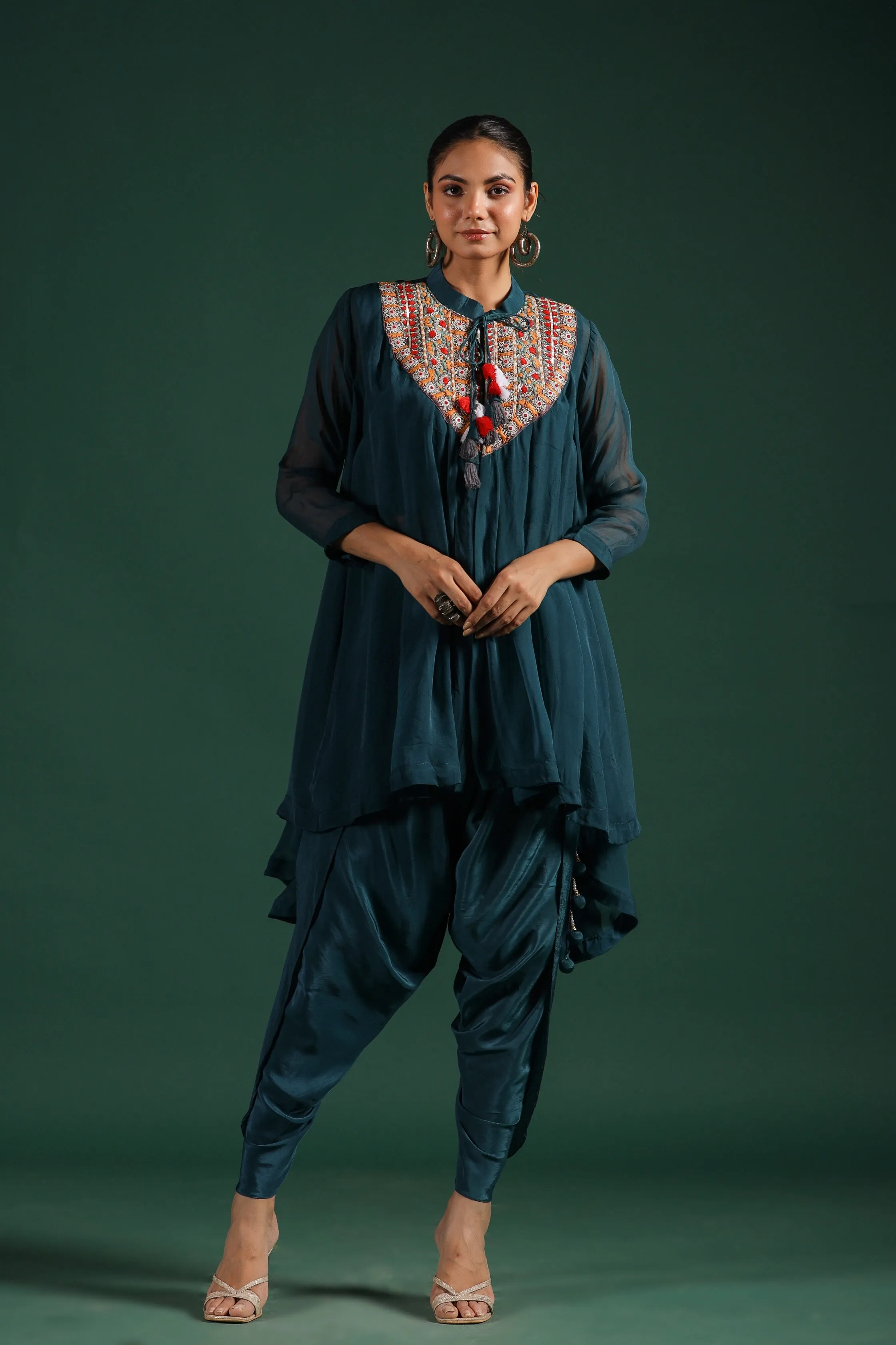 Teal Blue Embroidered Tunic With Dhoti Pants