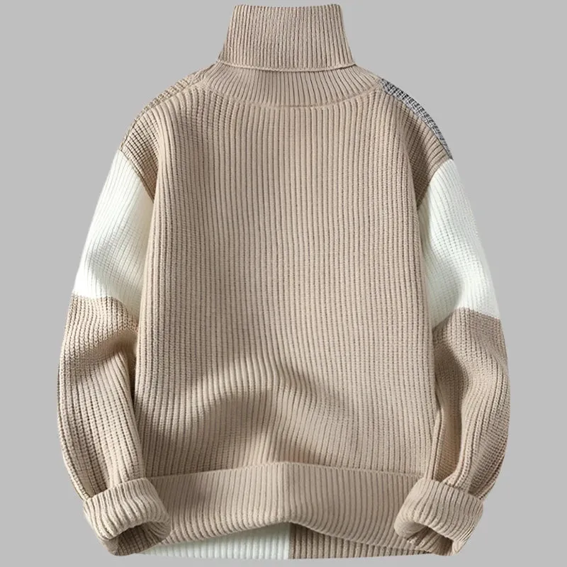 Turtleneck Patchwork Sweater: Knitted Men's Pullover Warm Casual Knit