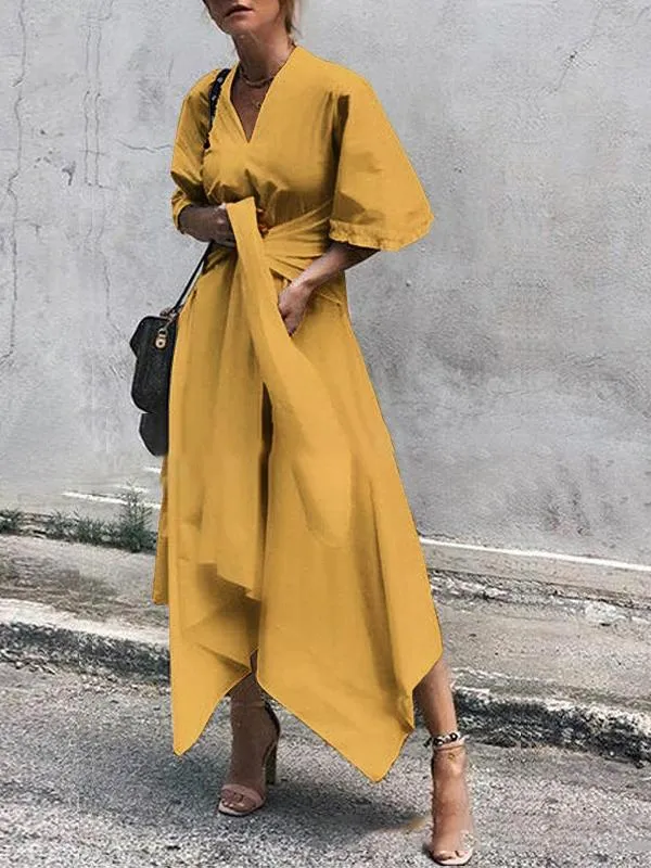 V-Neck Short Sleeve Irregular Maxi Dress