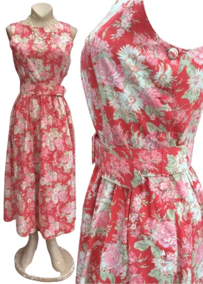 Vintage 80s Laura Ashley Pink Floral Sleeveless Dress with Belt • Summer Dress