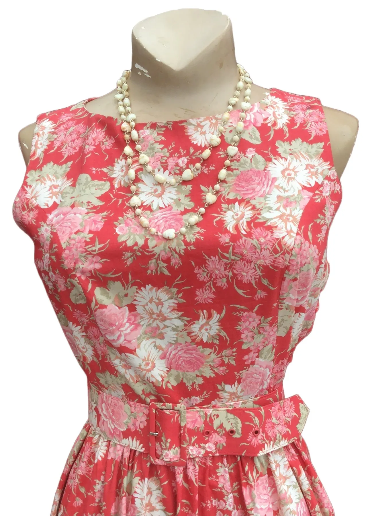 Vintage 80s Laura Ashley Pink Floral Sleeveless Dress with Belt • Summer Dress