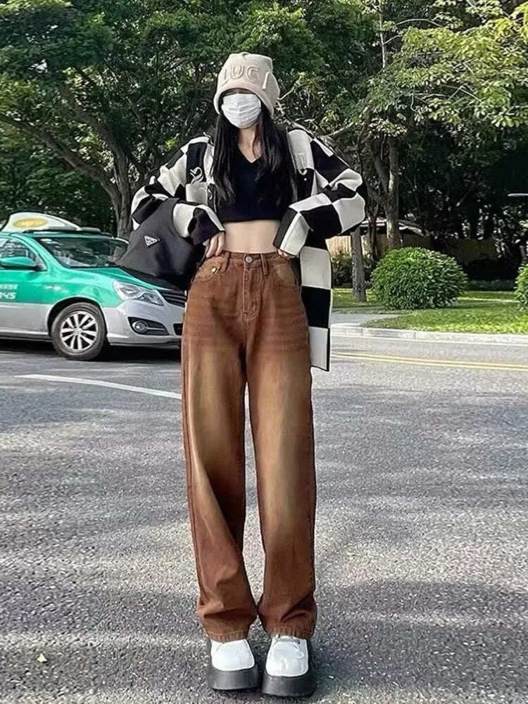 Wenkouban European And American Retro Brown Jeans Women's Spring And Autumn High-waisted Straight-leg Loose And Thin Wide-leg Pants