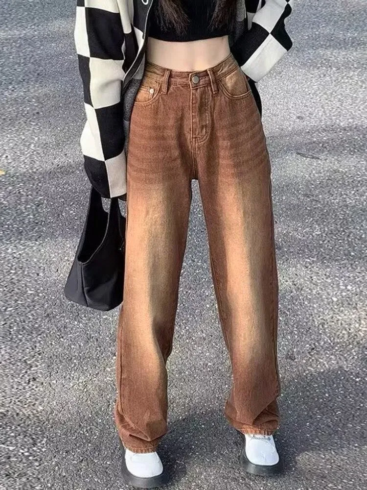 Wenkouban European And American Retro Brown Jeans Women's Spring And Autumn High-waisted Straight-leg Loose And Thin Wide-leg Pants