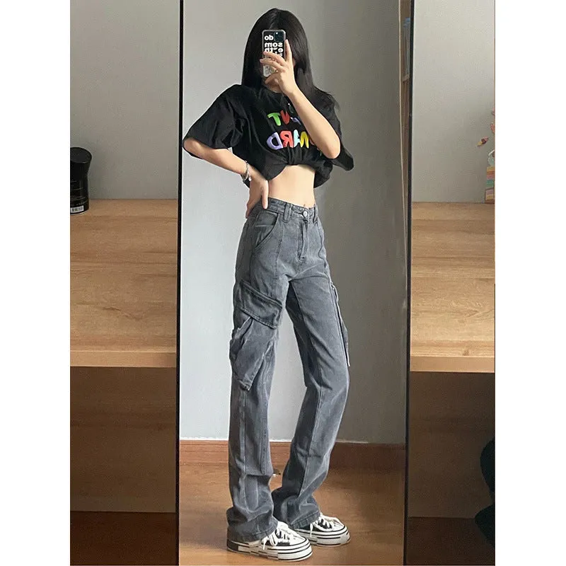 Wenkouban leapord Winter outfit Plus Size Retro Gray Straight Jeans Women's Street Style Hip Hop High Waist Tooling Wide Leg Pants