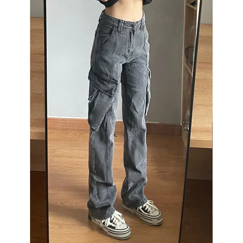 Wenkouban leapord Winter outfit Plus Size Retro Gray Straight Jeans Women's Street Style Hip Hop High Waist Tooling Wide Leg Pants