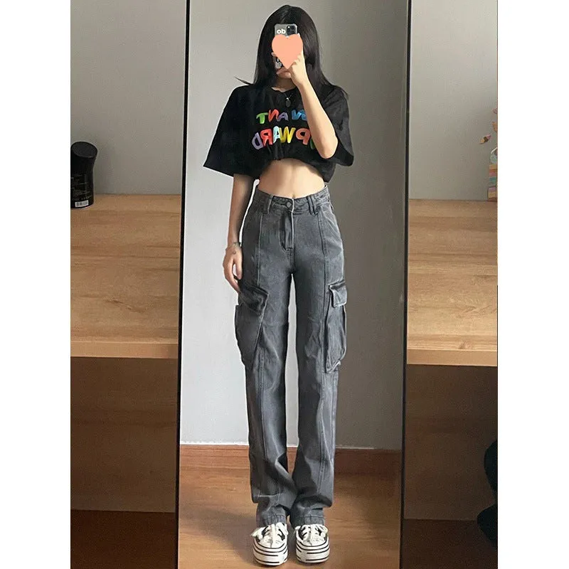 Wenkouban leapord Winter outfit Plus Size Retro Gray Straight Jeans Women's Street Style Hip Hop High Waist Tooling Wide Leg Pants