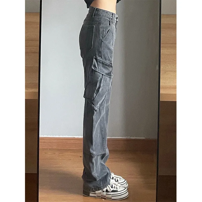 Wenkouban leapord Winter outfit Plus Size Retro Gray Straight Jeans Women's Street Style Hip Hop High Waist Tooling Wide Leg Pants