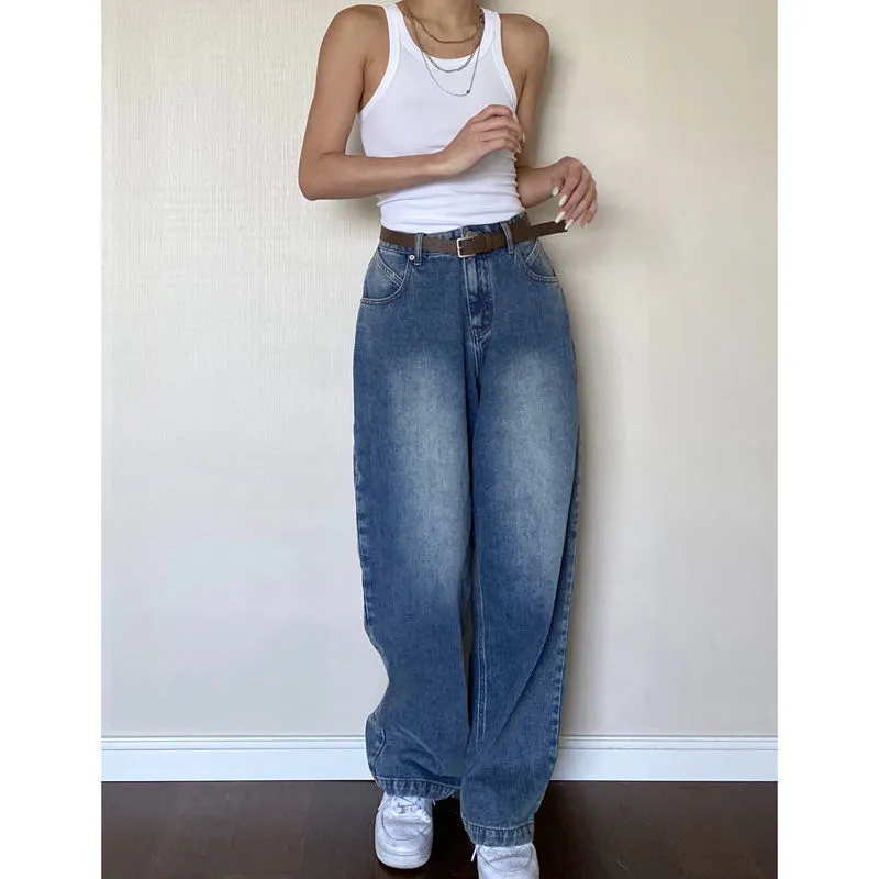 Wenkouban Retro Vintage Casual Oversize Baggy Jeans Women High Waist Streetwear Straight Leg Denim Trousers 2022 Fashion Pantalones