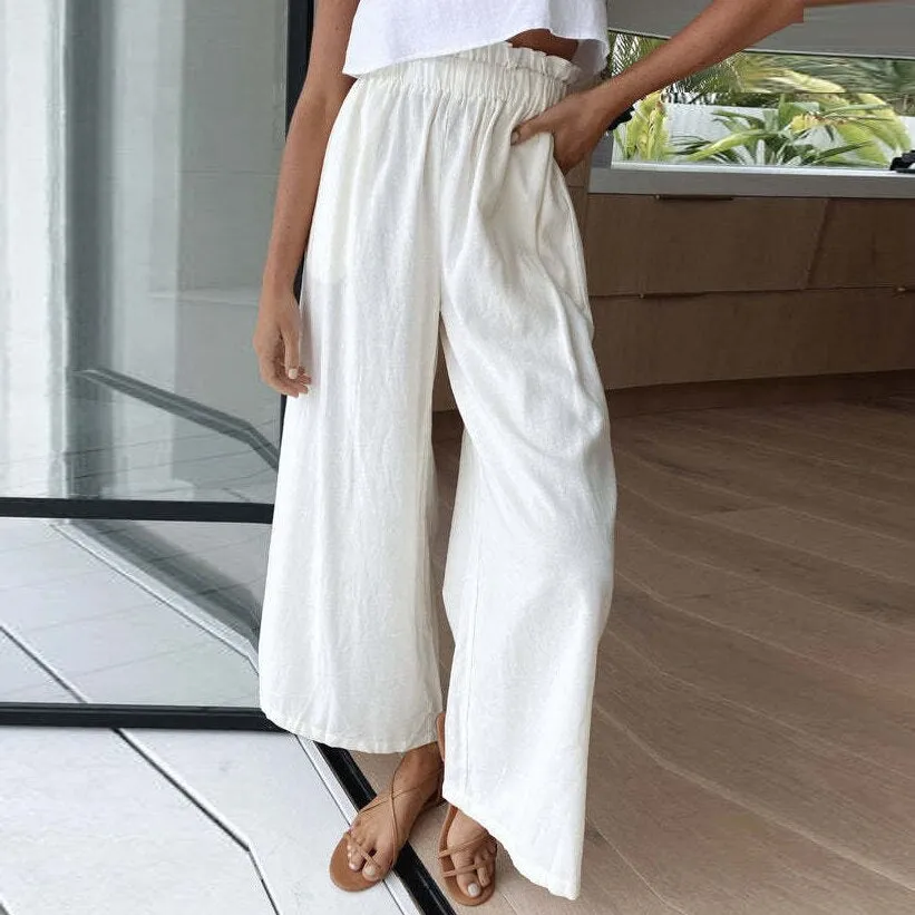 Wenkouban Summer Cotton Linen Long Pant Women High Waist Wide Leg Pant Casual Solid Baggy Trouser Female Loose Retro Sweatpant Streetwear