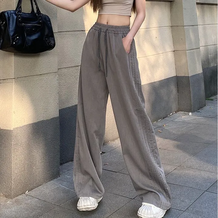 Wenkouban work outfits women Retro Side Striped Casual Pants Women's Autumn New High Waist Loose Sports Pants Women's Wide Leg Mopping Pants