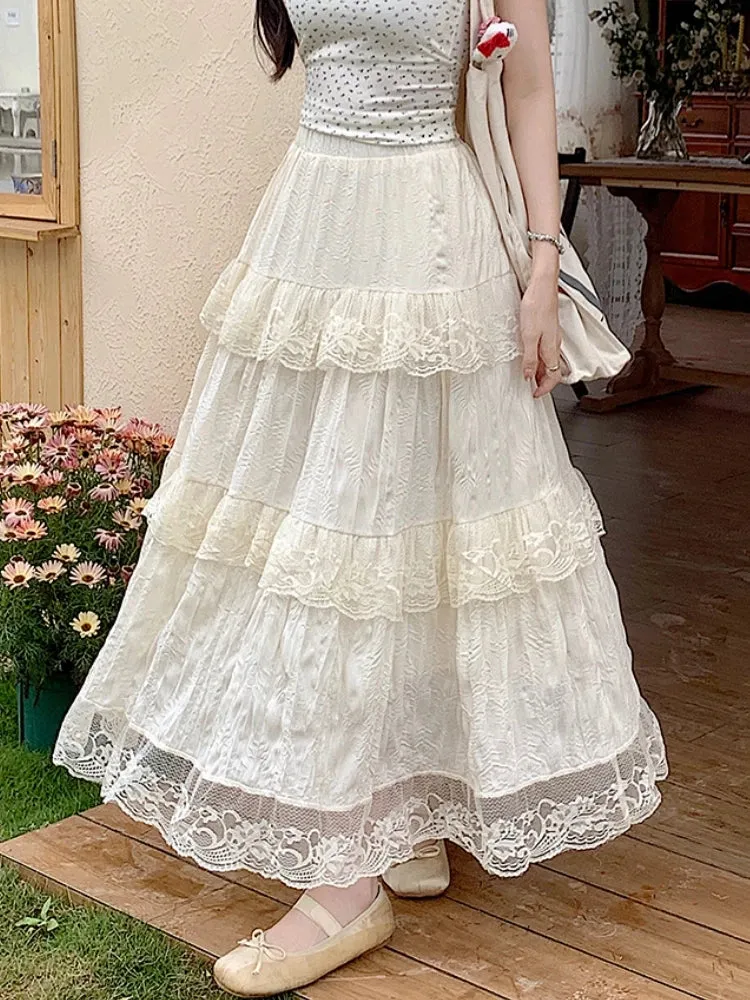 White Black Mid Long Skirt Women Chiffon Skirt Goth Vintage Summer High Waist High Low Ruched Lace Pleated Skirts rok