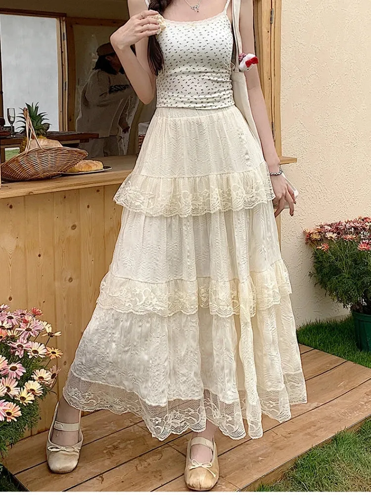 White Black Mid Long Skirt Women Chiffon Skirt Goth Vintage Summer High Waist High Low Ruched Lace Pleated Skirts rok