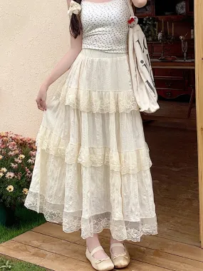 White Black Mid Long Skirt Women Chiffon Skirt Goth Vintage Summer High Waist High Low Ruched Lace Pleated Skirts rok