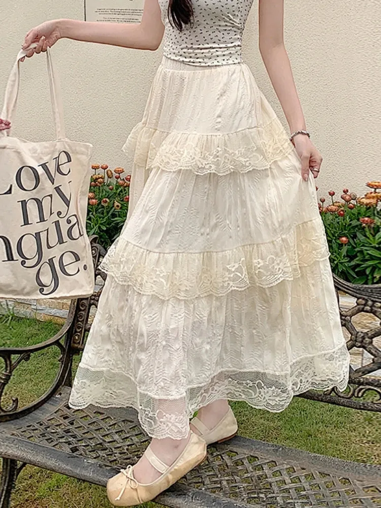 White Black Mid Long Skirt Women Chiffon Skirt Goth Vintage Summer High Waist High Low Ruched Lace Pleated Skirts rok