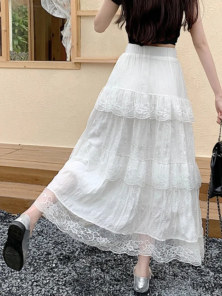 White Black Mid Long Skirt Women Chiffon Skirt Goth Vintage Summer High Waist High Low Ruched Lace Pleated Skirts rok