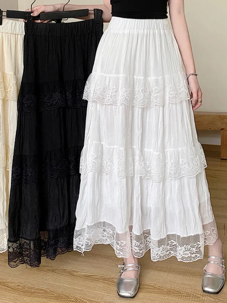 White Black Mid Long Skirt Women Chiffon Skirt Goth Vintage Summer High Waist High Low Ruched Lace Pleated Skirts rok