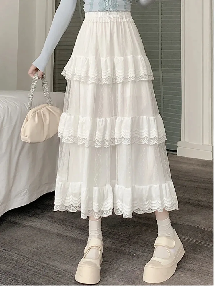 White Black Mid Long Skirt Women Crochet Lace Skirt Goth Lolita Summer High Waist High Low Ruched Ruffle Pleated Skirts rok