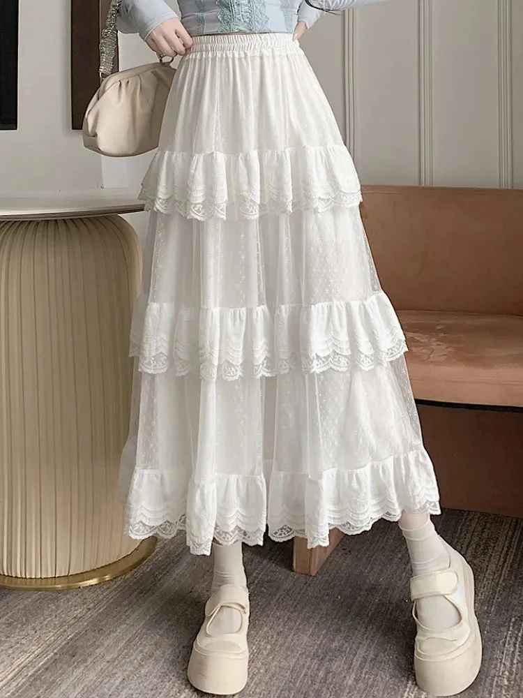 White Black Mid Long Skirt Women Crochet Lace Skirt Goth Lolita Summer High Waist High Low Ruched Ruffle Pleated Skirts rok