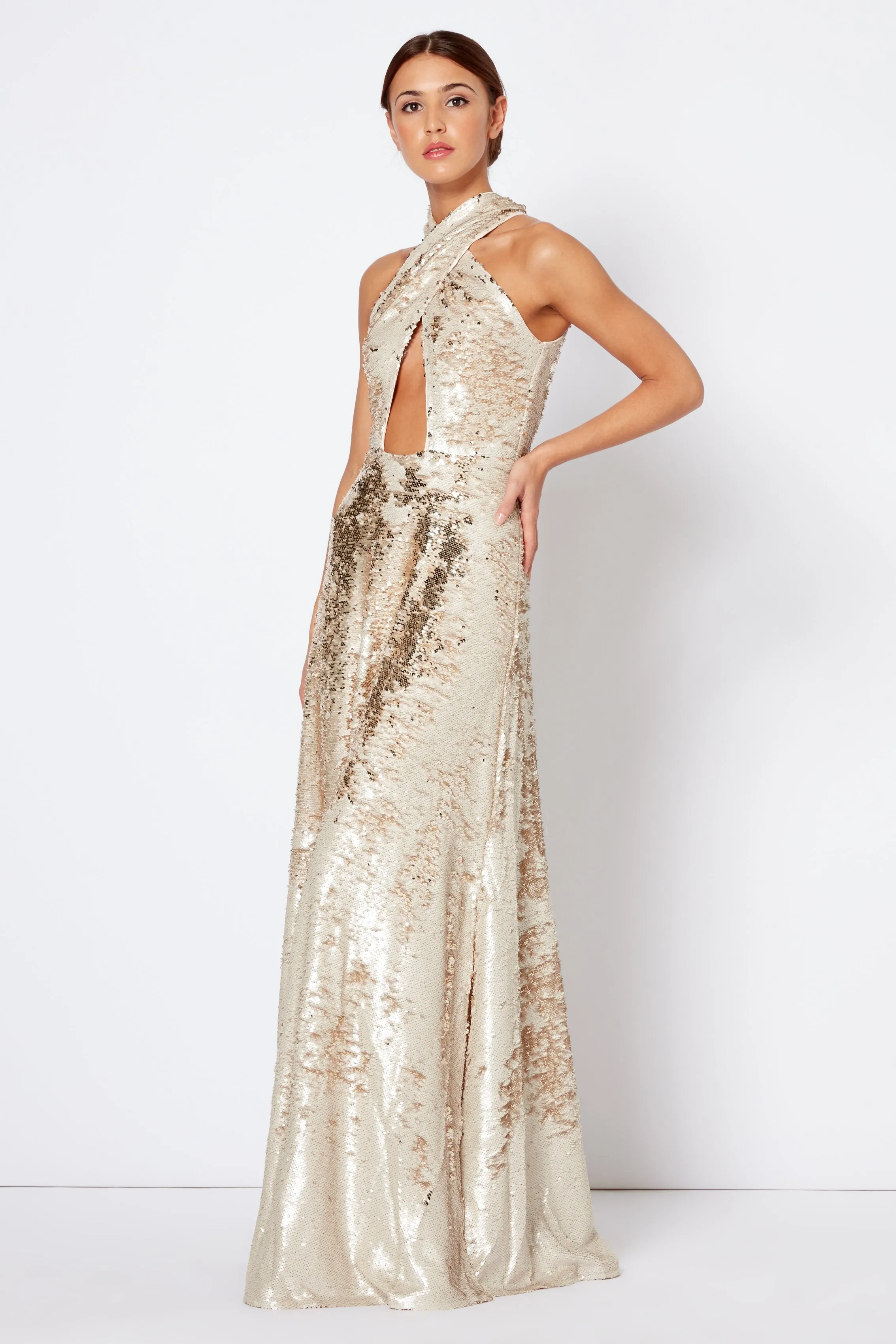 White Gold Cross Over Halter-Neck Maxi Dress