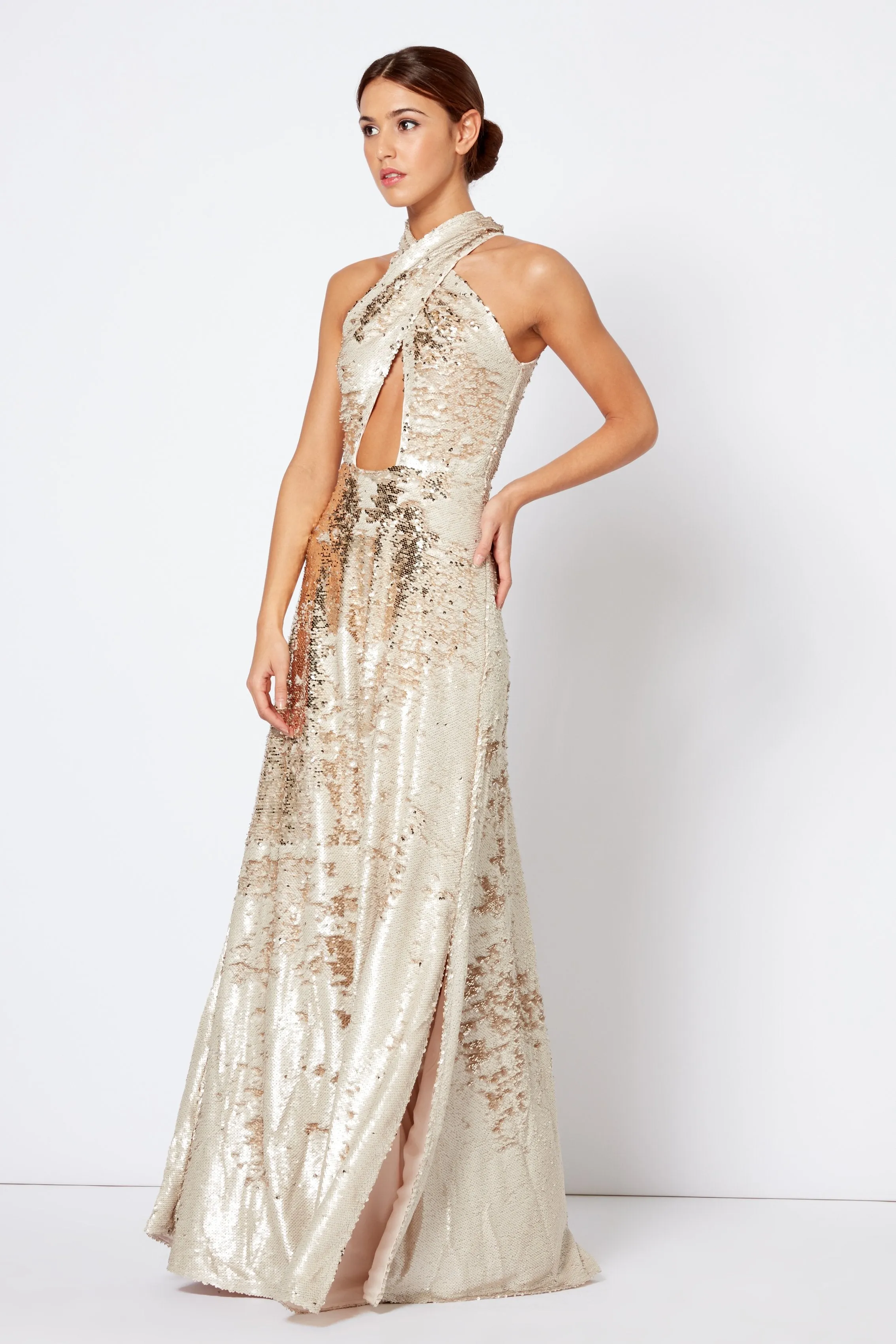 White Gold Cross Over Halter-Neck Maxi Dress