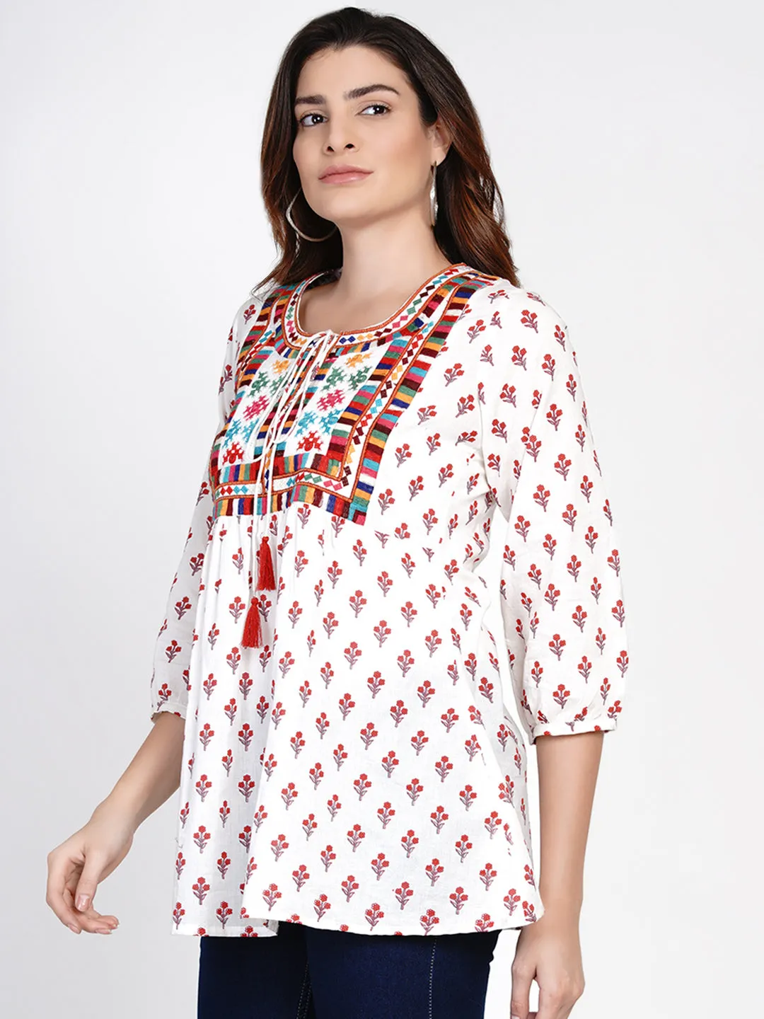 White Printed Tunic With Embroidery