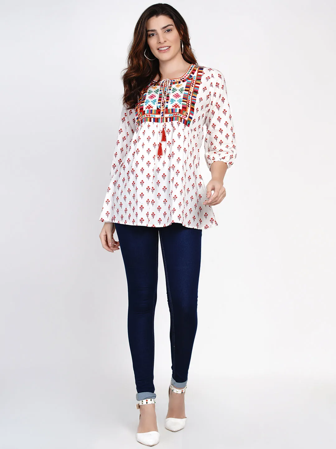 White Printed Tunic With Embroidery