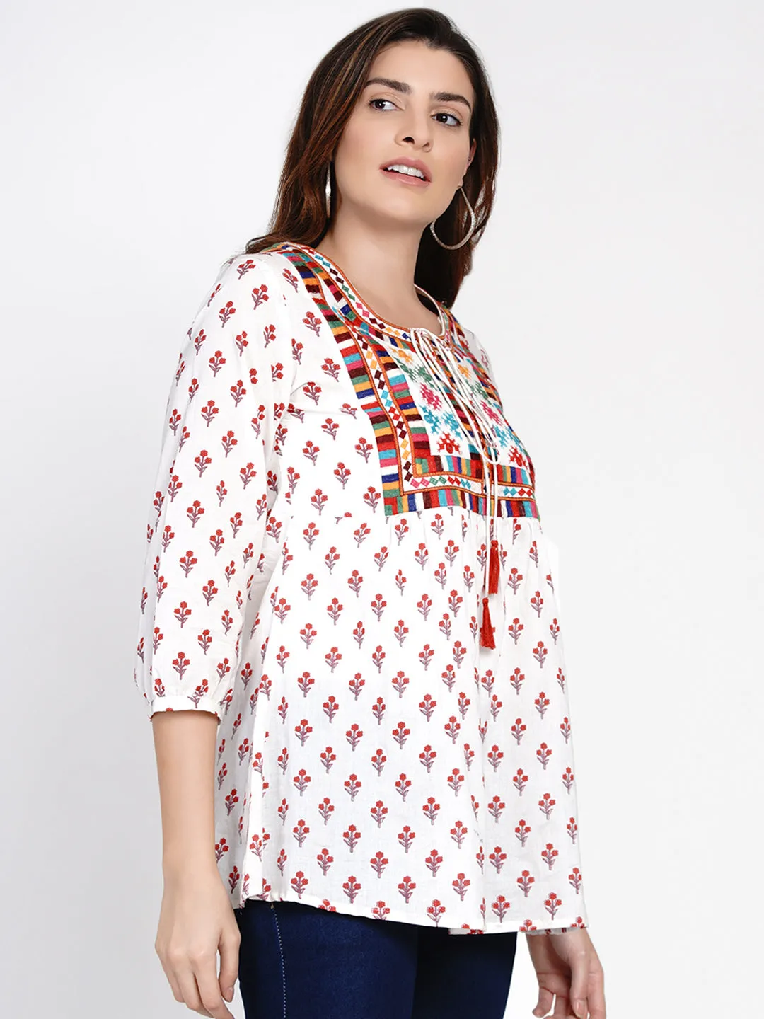 White Printed Tunic With Embroidery