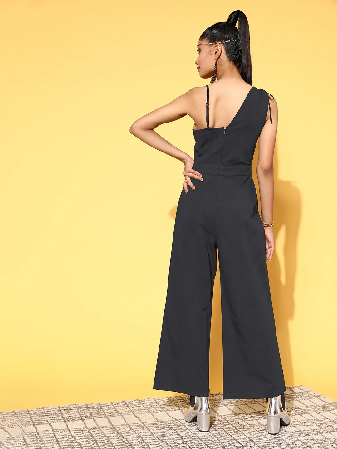 Women Black One Side Strap Denim Jumpsuit