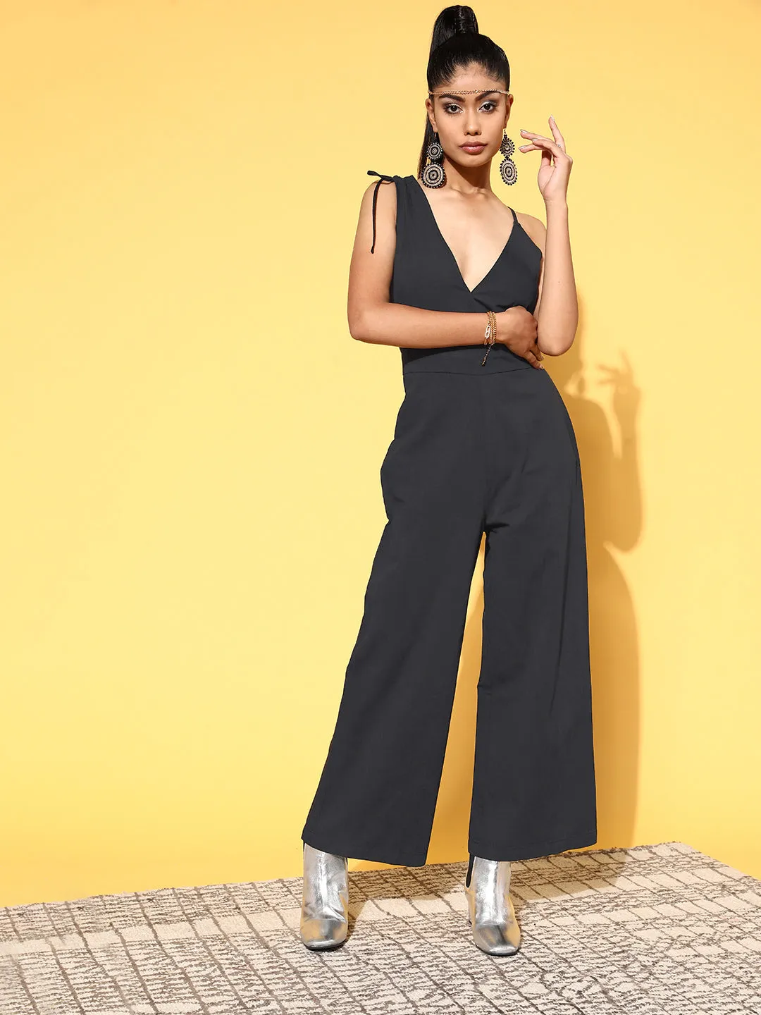 Women Black One Side Strap Denim Jumpsuit