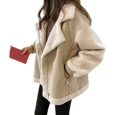 Women Suede Short Lamb  Velvet Motorcycle  Coat Ladies winter Jacket