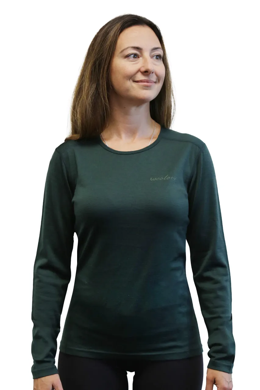 Women's 100% Merino Wool Base Layer Long Sleeve Crew Neck Shirt 190 GSM