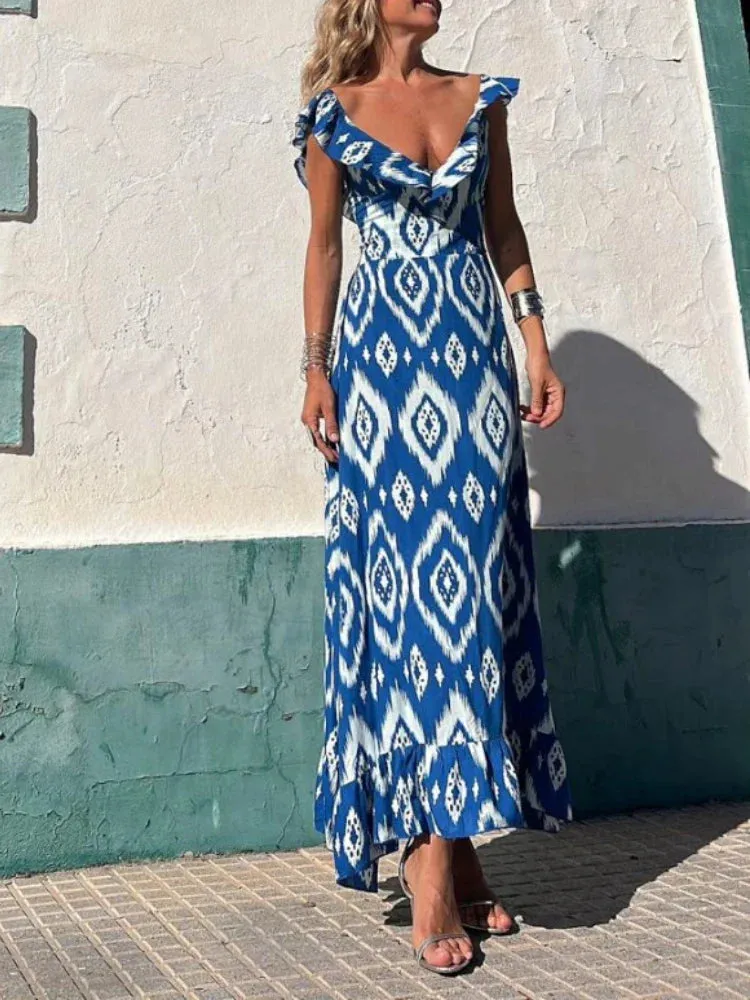 Women's Fashion Beach Long Print Maxi Dress - 2024 New Summer Collection