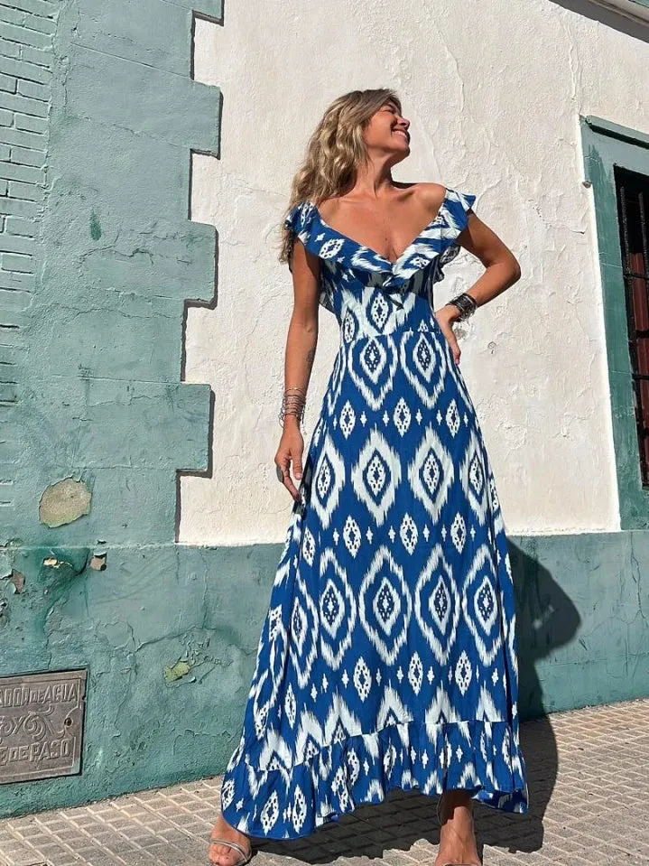 Women's Fashion Beach Long Print Maxi Dress - 2024 New Summer Collection