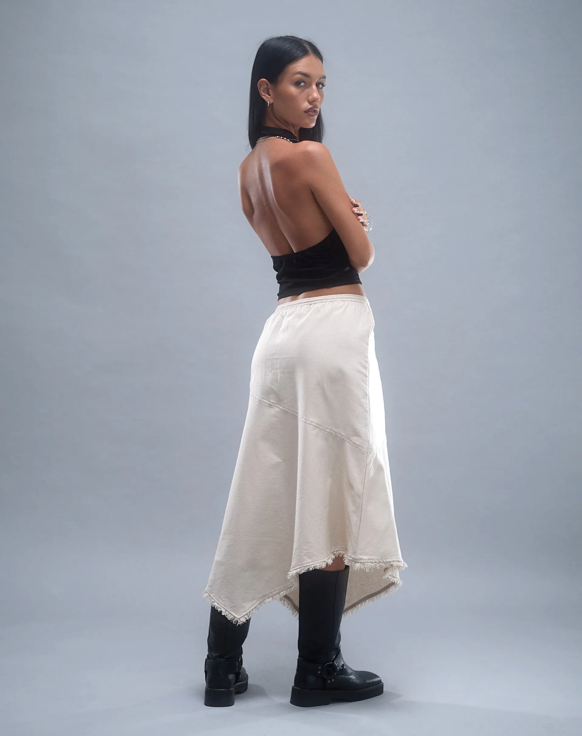 Yvaine Asymmetric Midi Skirt in Ecru