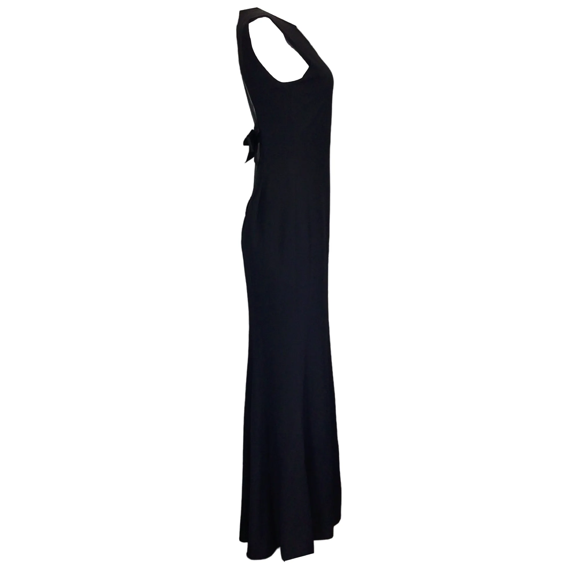 Yves Saint Laurent Rive Gauche Vintage Black Bow Back Mesh Detail Sleeveless Crepe Gown / Formal Dress